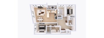 A white model of a house with a kitchen, living room, and bedrooms.