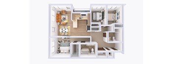 A white 3D floor plan of a small apartment with a kitchen, living room, and bedroom.