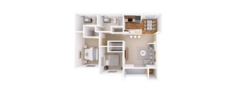 A white image of a small apartment with a kitchen, living room, and bathroom.