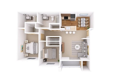 A white image of a small apartment with a kitchen, living room, and bathroom.