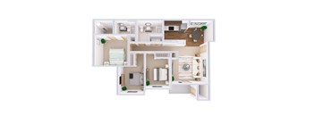 A white dollhouse with a kitchen, living room, and dining area.