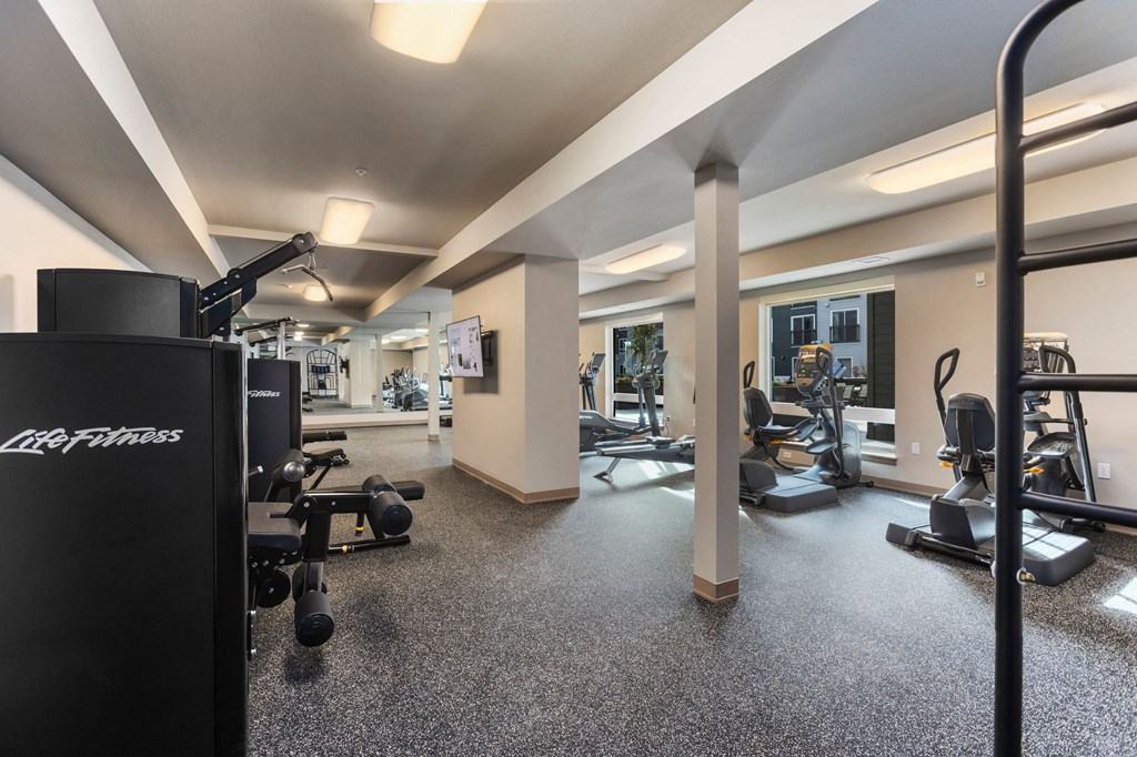 A gym with a Life Fitness branded machine.