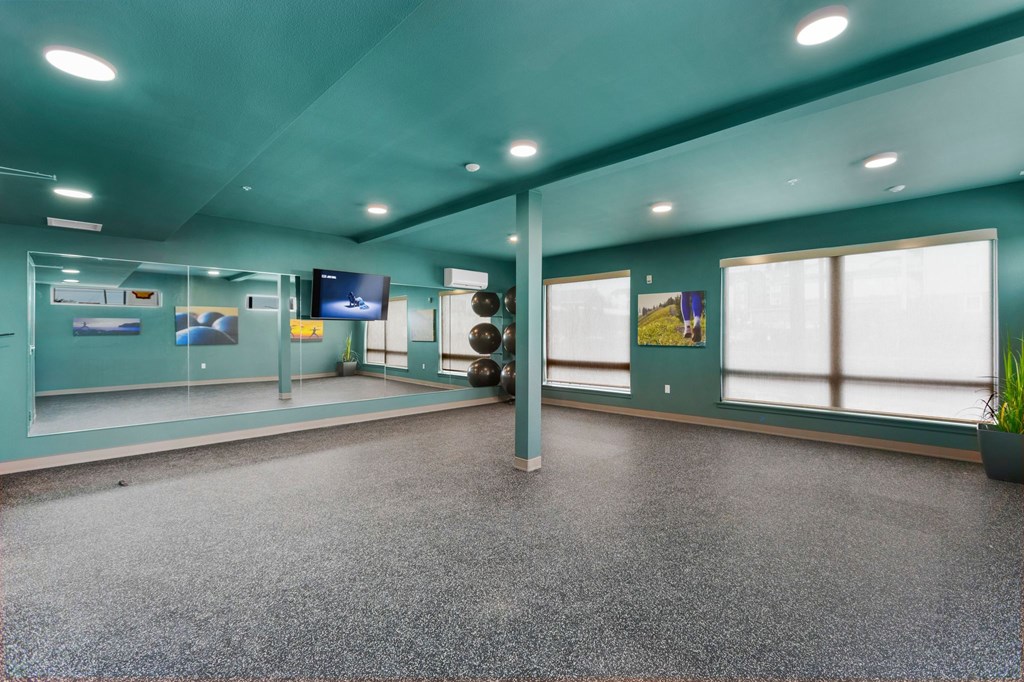 A room with a grey carpet and a green wall.