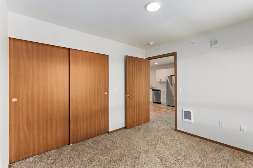 A room with a brown carpet and a white wall with a doorway leading to another room.