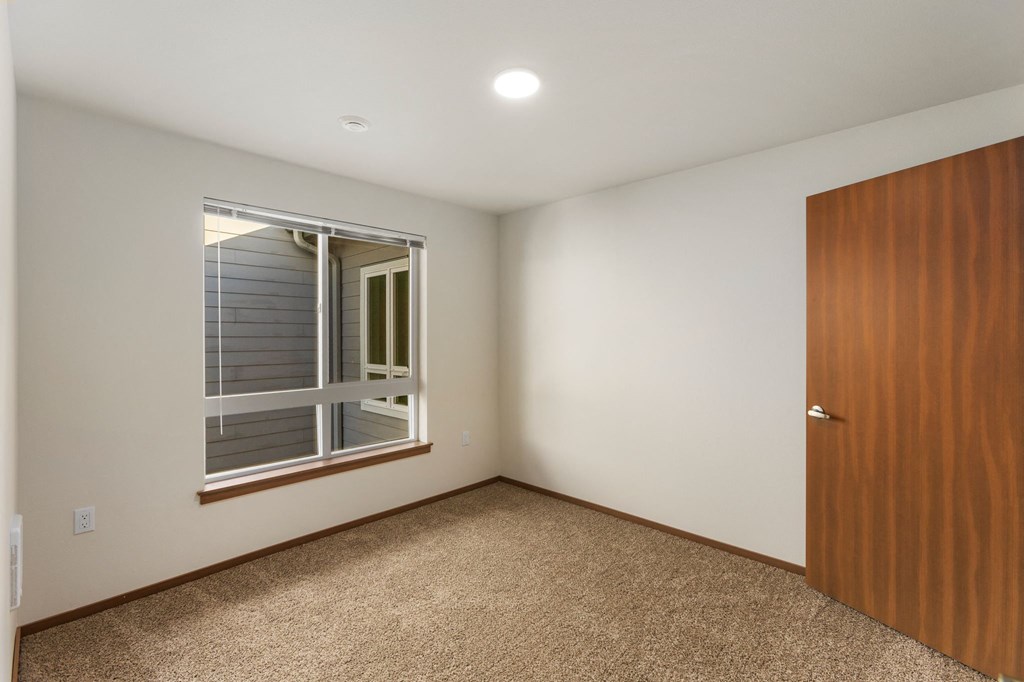 A room with a window and a brown door.