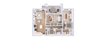 A 3D floor plan of a small apartment with a kitchen, living room, and bathroom.