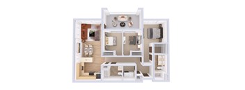 A 3D floor plan of a small apartment with a kitchen, living room, and bedrooms.