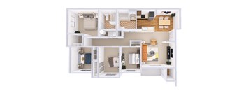 A top-down view of a small apartment with a kitchen, living room, and bathroom.