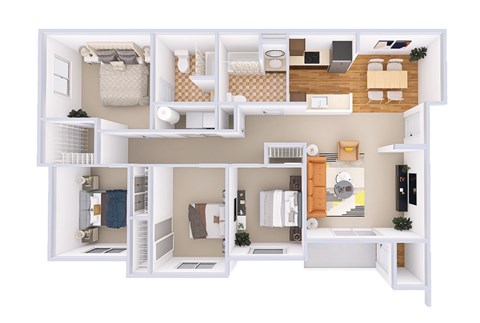 A top-down view of a small apartment with a kitchen, living room, and bathroom.