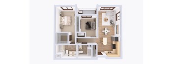 A 3D floor plan of a small apartment with a kitchen, living room, and two bedrooms.