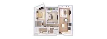 A 3D floor plan of a small apartment with a kitchen, living room, and bathroom.