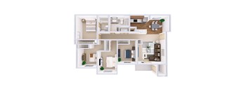 A 3D floor plan of a house with a kitchen, living room, and two bedrooms.