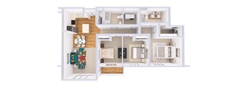 A 3D floor plan of a house with a living room, kitchen, and two bedrooms.