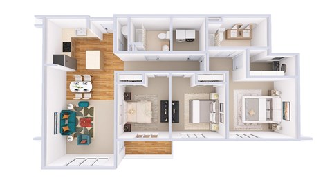 A 3D floor plan of a house with a living room, kitchen, and two bedrooms.