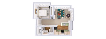 A white dollhouse with a living room, kitchen, and bathroom.