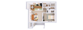 A 3D floor plan of a small apartment with a kitchen, living room, and bathroom.