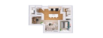 A top-down view of a modern apartment layout.