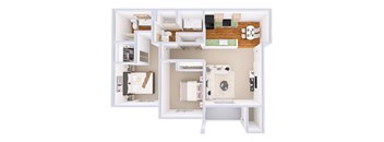 A white dollhouse with a kitchen, living room, and bathroom.