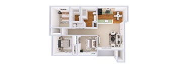 A white dollhouse with a brown floor and furniture.