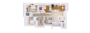 A white model of a house with a kitchen, living room, and two bedrooms.
