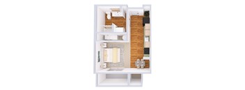 A top down view of a small apartment with a kitchen, living room, and bathroom.