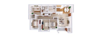 A white dollhouse with a bedroom, living room, and kitchen.