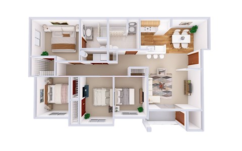 A white dollhouse with a bedroom, living room, and kitchen.
