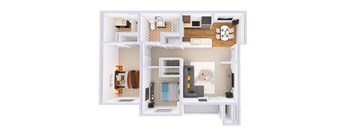 A top-down view of a small apartment with a kitchen, living room, and bedroom.