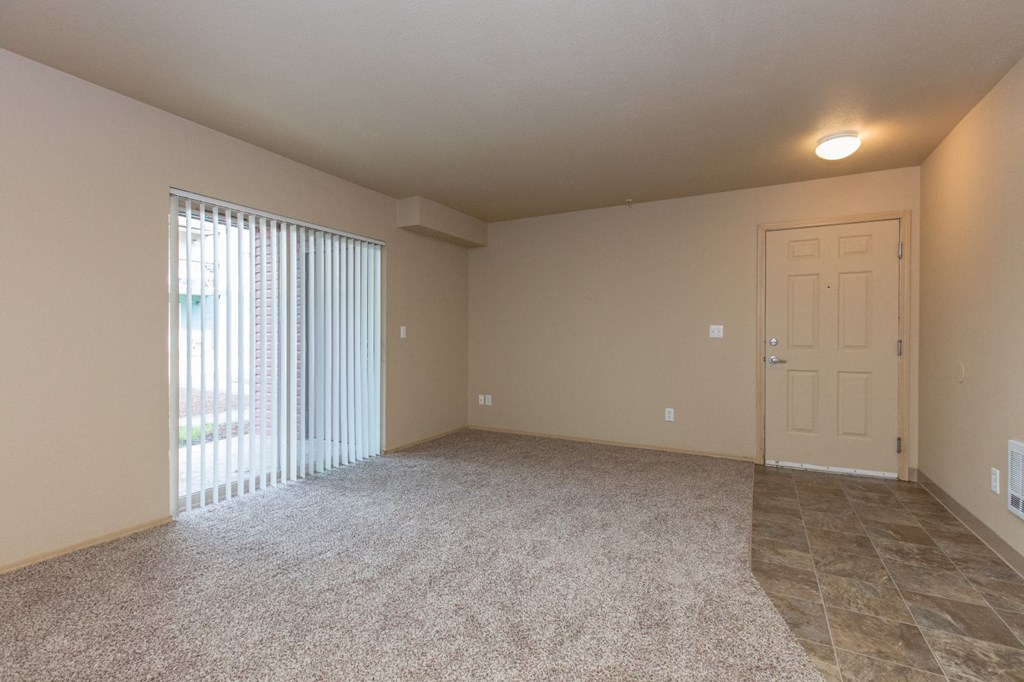 the spacious living room has a door to the balcony and a large carpeted floor