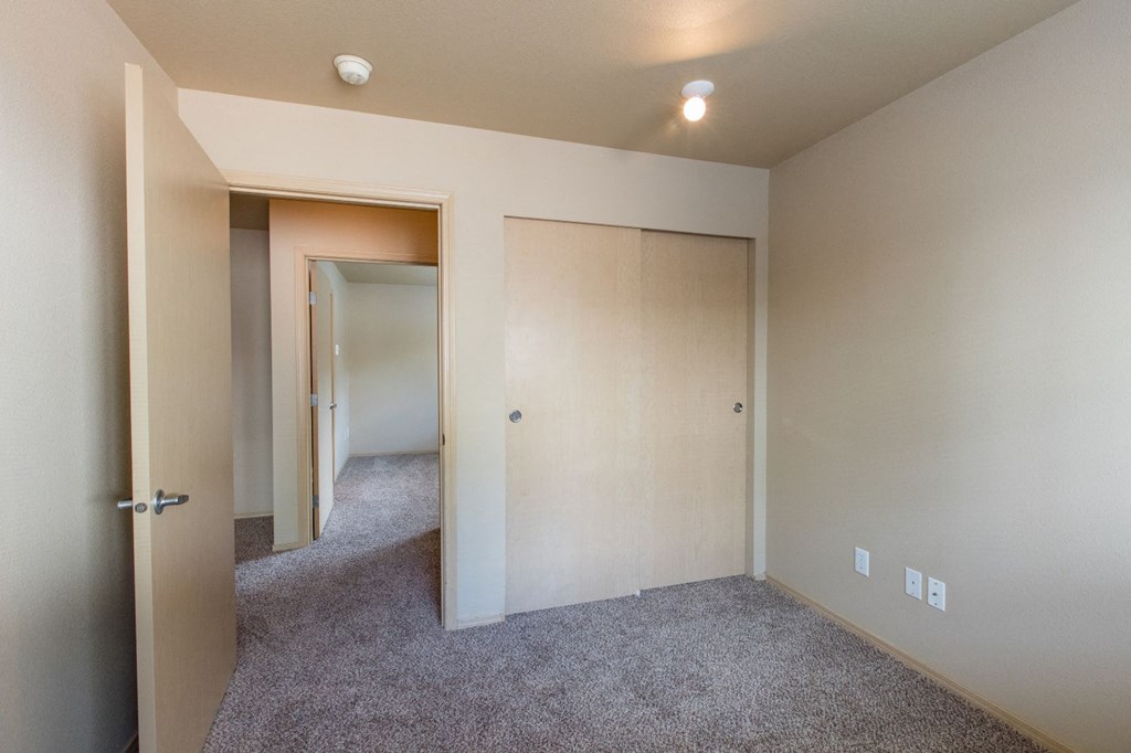 a bedroom with a carpeted floor and a door to a closet