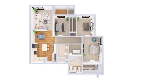 A 3D floor plan of a house with a kitchen, living room, and two bedrooms.