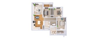 A 3D floor plan of a house with a kitchen, living room, and two bedrooms.