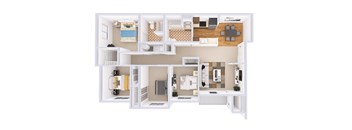 A white framed floor plan of a house with a kitchen, living room, and two bedrooms.