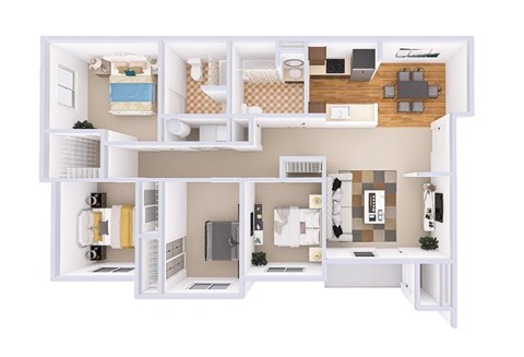 A white framed floor plan of a house with a kitchen, living room, and two bedrooms.