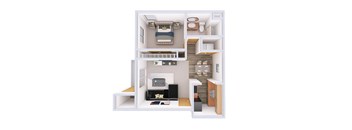 A 3D rendered image of a small apartment layout.