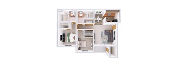 A white 3D floor plan of a small apartment with a kitchen, living room, and bathroom.