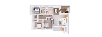 A 3D floor plan of a small apartment with a kitchen, living room, and bedrooms.