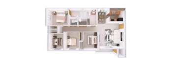 A white model of a house with various rooms and furniture.