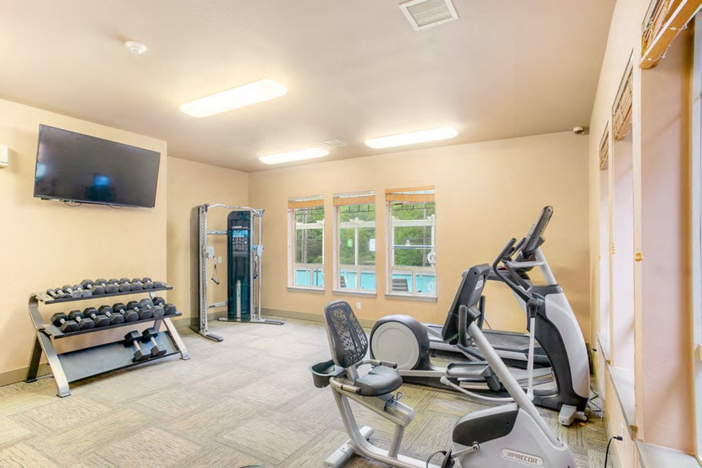 a gym with weights and a tv on the wall