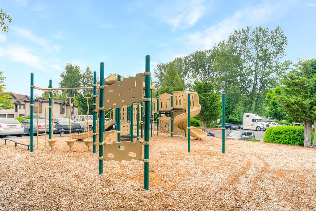 a playground with a slide and climbing equipment in a park