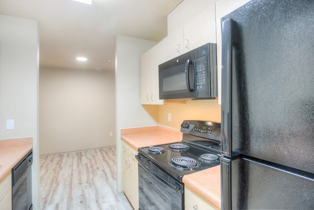 a kitchen with black appliances and a black refrigerator