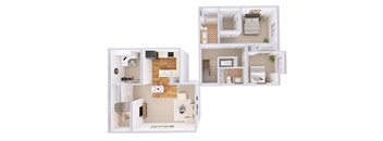 A 3D floor plan of a house with a kitchen, living room, and bedrooms.