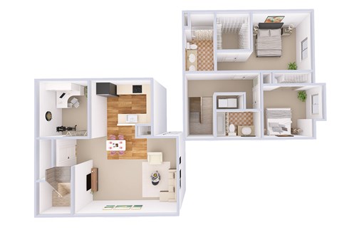 A 3D floor plan of a house with a kitchen, living room, and bedrooms.