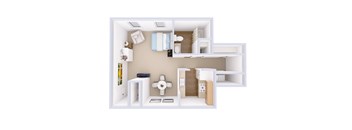 A white model of a house with a kitchen, living room, and bathroom.