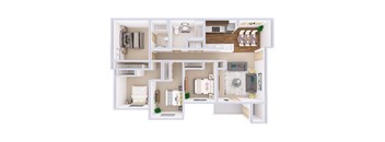 A white dollhouse with a kitchen, living room, and bedroom.