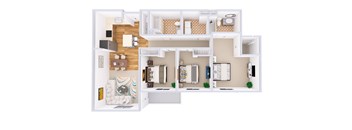 A top-down view of a small apartment with a kitchen, living room, and bedroom.