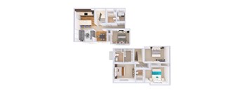 A floor plan of a two-bedroom apartment with a living room, kitchen, and bathroom.