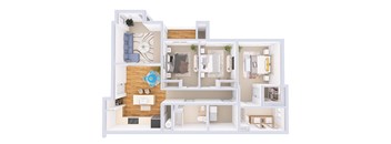 A 3D floor plan of a house with a living room, kitchen, dining room, and bedrooms.