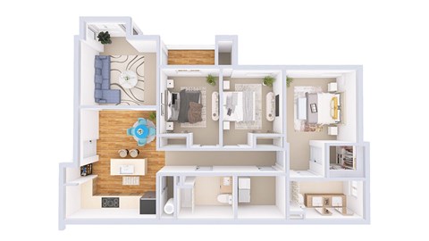 A 3D floor plan of a house with a living room, kitchen, dining room, and bedrooms.