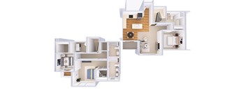 A white and wood floor plan of a house with a kitchen, living room, and bedrooms.
